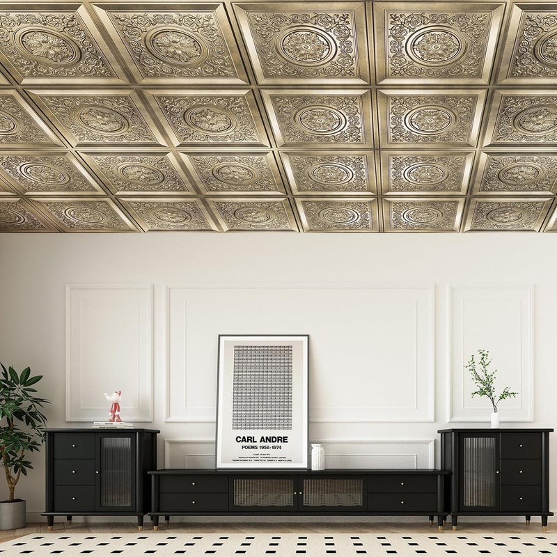 WOWSTAR 12-Pack 24"x24" Drop Ceiling Tiles, Vintage Style Waterproof Glue up Ceiling Panels Decor, Antique Gold - Image 3